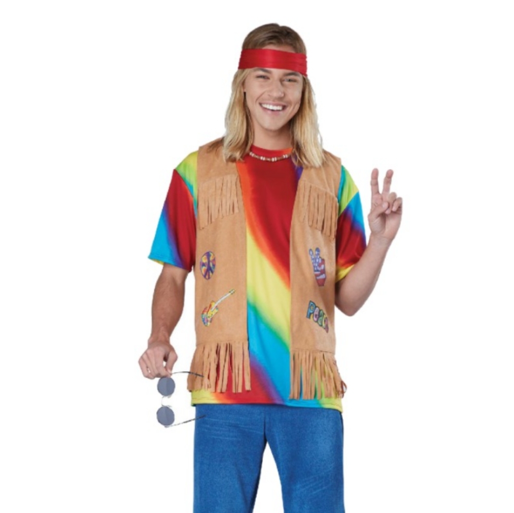 Totally Ghoul Halloween Costume Tie dyed Hippie Shirt Fringe Vest MENS MEDIUM